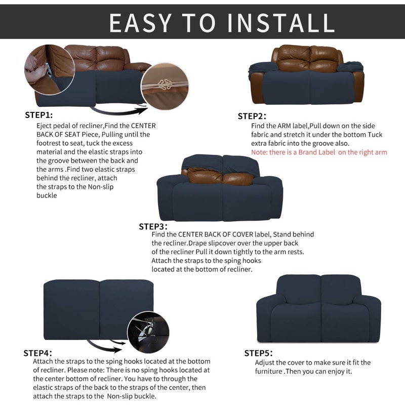 Easy-Going 6 Pieces Recliner Loveseat Stretch Sofa Slipcover Sofa Cover Furniture Protector Couch Soft with Elastic Bottom Kids, Spandex Jacquard Fabric Small Checks Dark Blue - Image 4